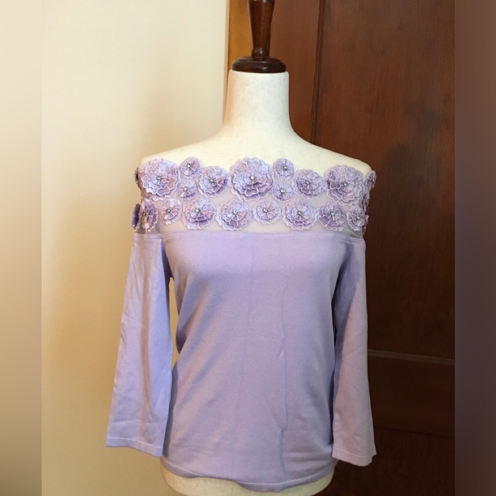 Boston Proper Off-Shoulder Lavender Floral Appliqué Women's Sweater